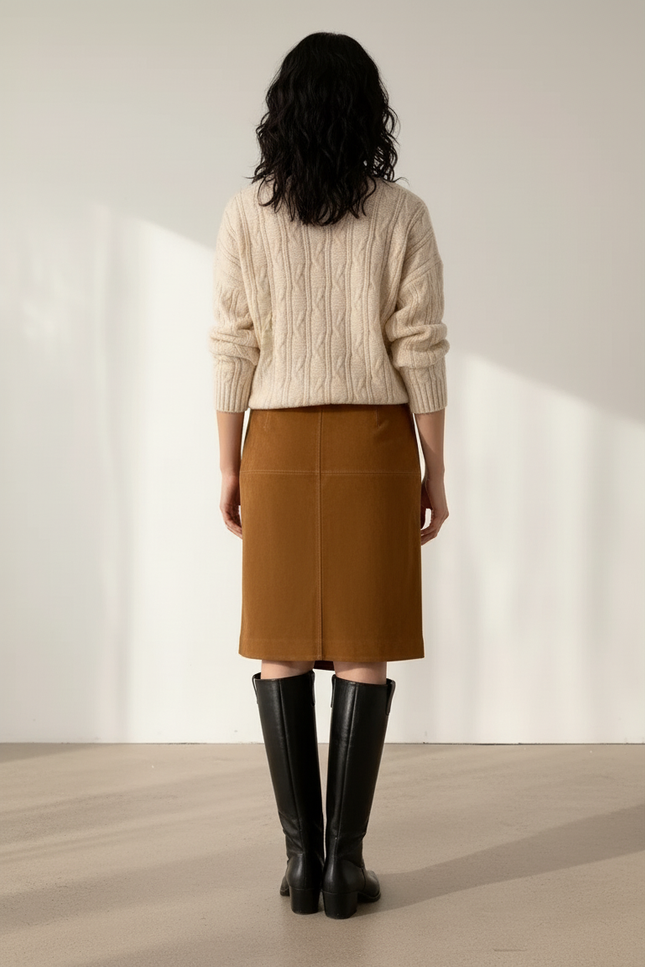 Jupe Crayon Daim Marron Chic Fente Latérale