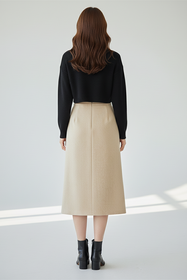 Jupe Crayon Beige Laine Élégante