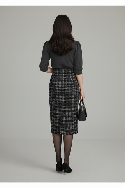 Jupe Crayon Plaid Laine Chic