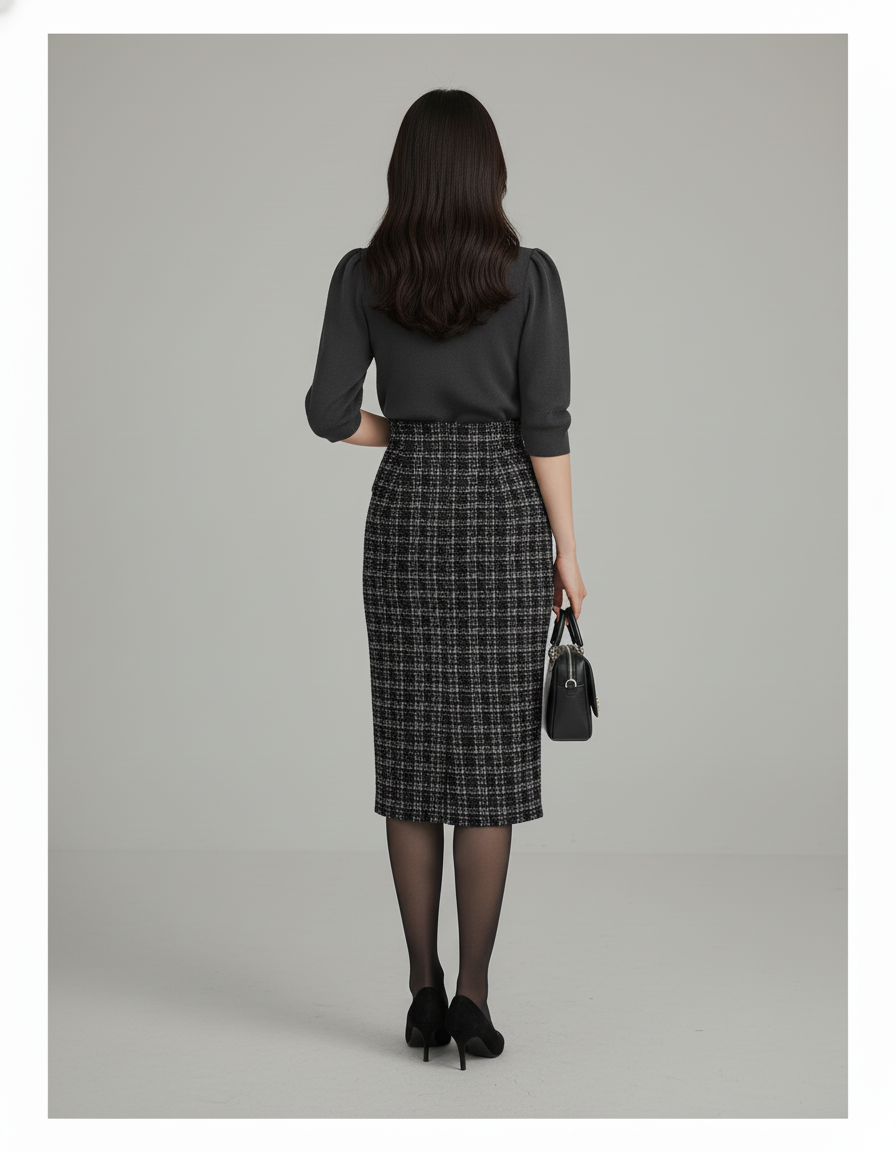 Jupe Crayon Plaid Laine Chic