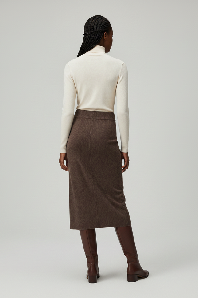 Jupe Crayon Laine Mérinos Marron Chic