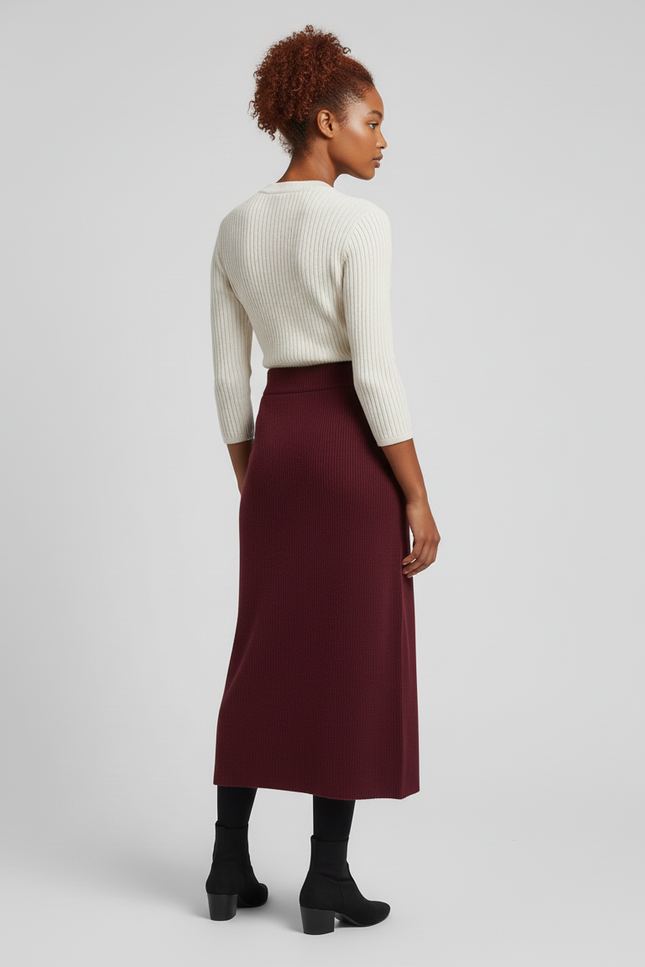 Jupe Crayon Bordeaux Maille Côtelée Élégante