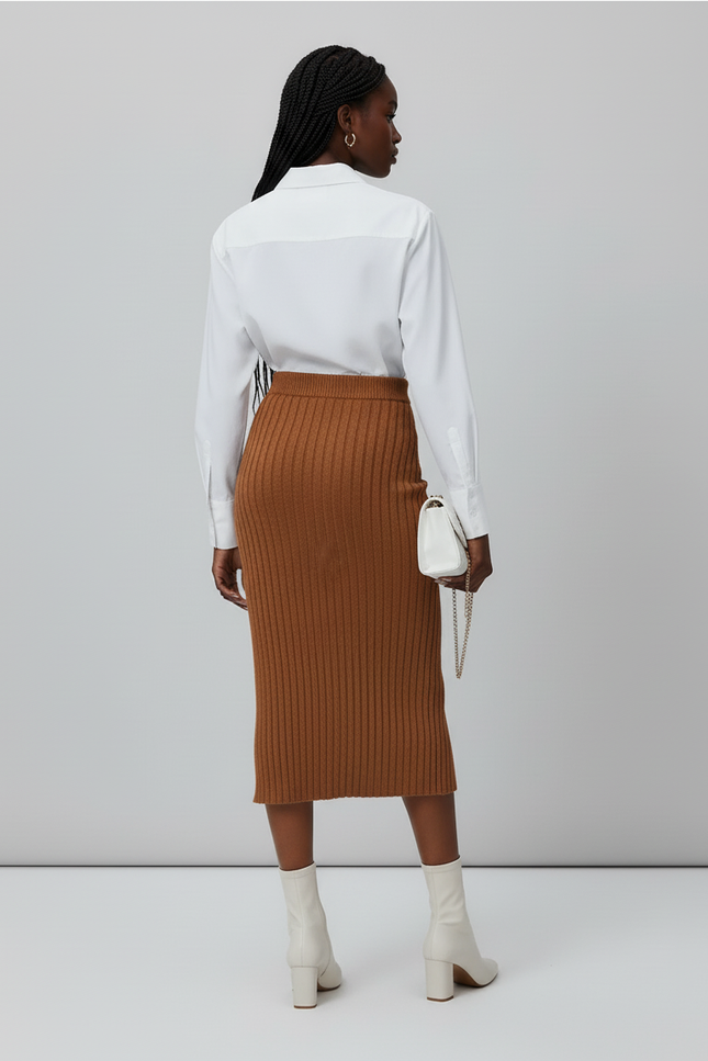 Jupe Crayon Côtelée Fente Boutonnée Chic