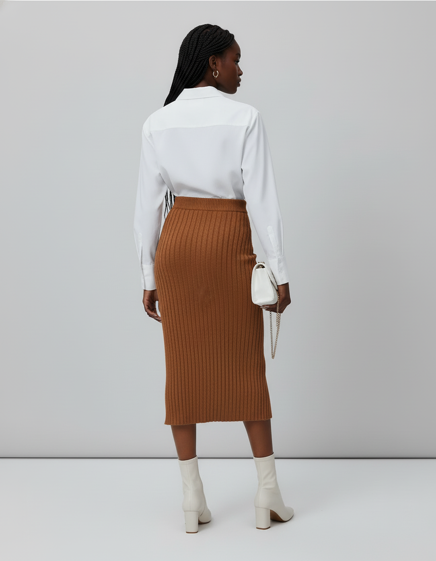 Jupe Crayon Côtelée Fente Boutonnée Chic