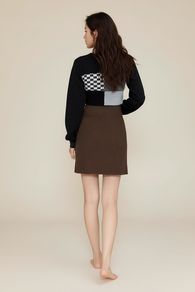Jupe Crayon Côtelée Marron Élégante
