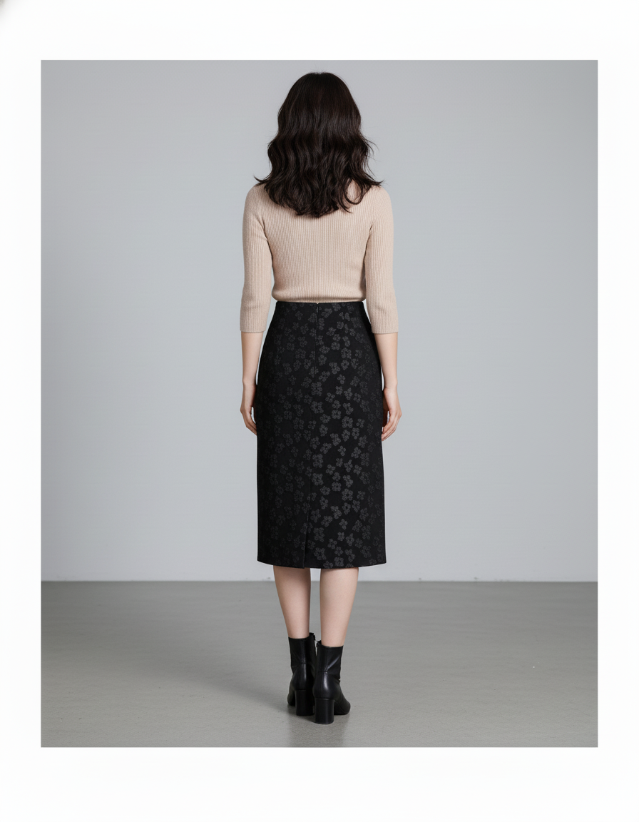Jupe Crayon Noire Brodée Chic