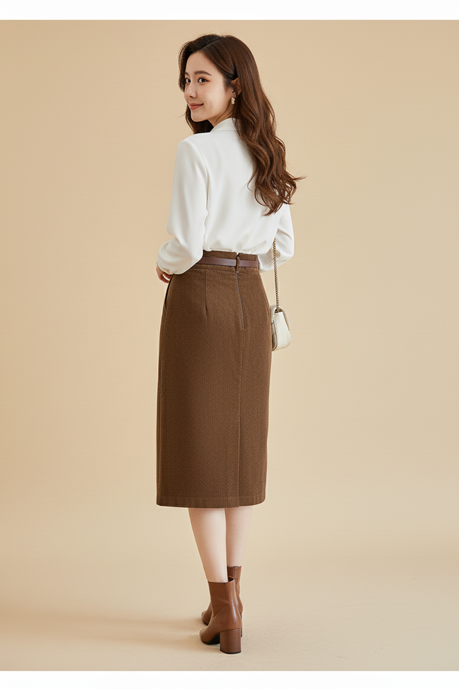 Jupe Crayon Velours Côtelé Marron Élégante
