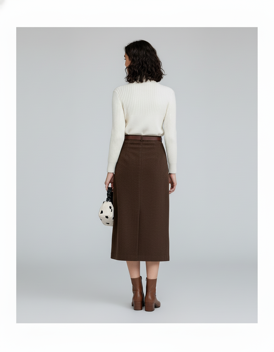 Jupe Crayon Marron Velours Côtelé Chic