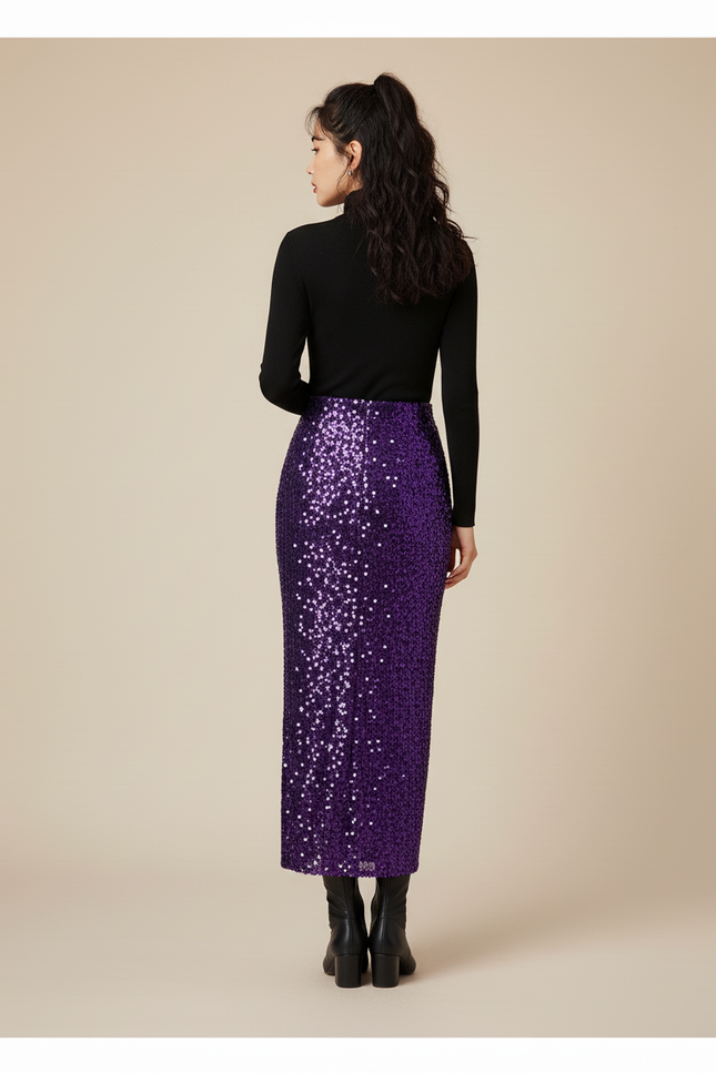 Jupe Crayon Violette Paillettes Chic