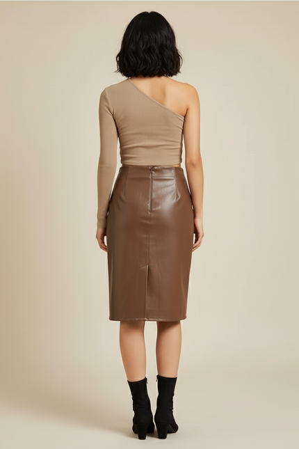 Jupe Crayon Marron Simili Cuir Chic
