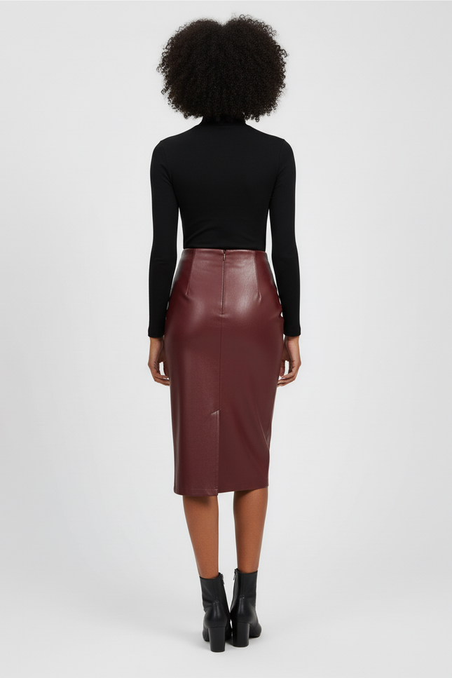 Jupe Crayon Bordeaux Similicuir Élégante