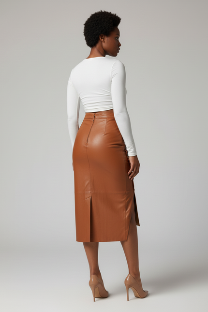 Jupe Crayon Camel Simili Cuir Chic