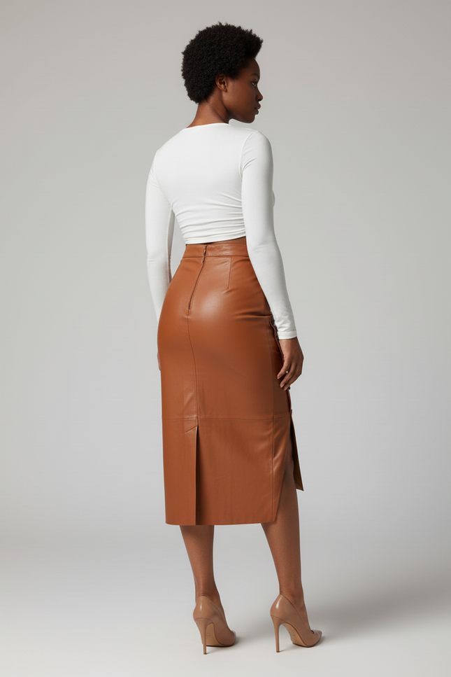 Jupe Crayon Camel Simili Cuir Chic
