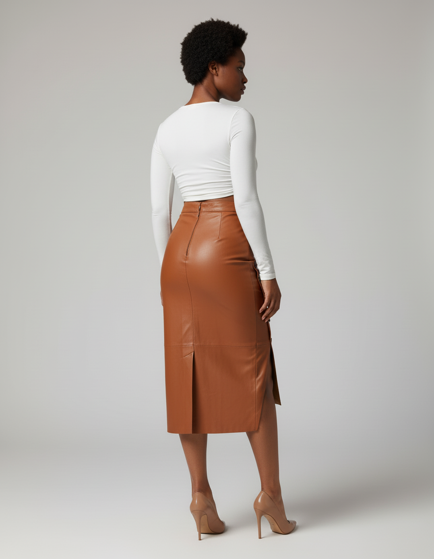 Jupe Crayon Camel Simili Cuir Chic