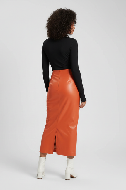 Jupe Crayon Orange Simili Cuir Élégante