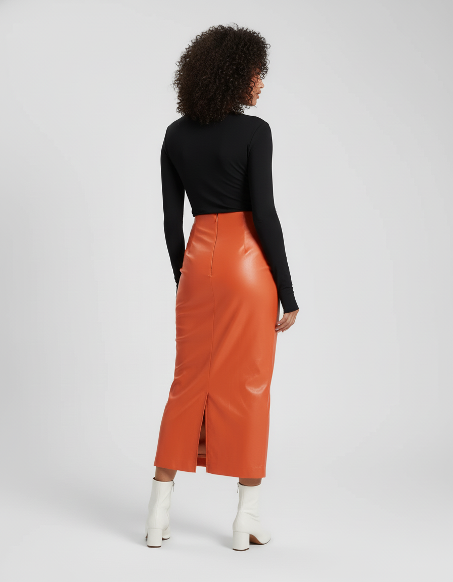 Jupe Crayon Orange Simili Cuir Élégante