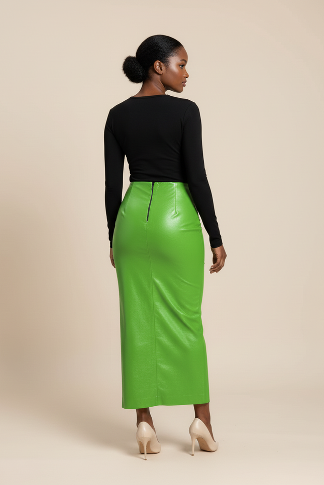 Jupe Crayon Longue Vert Vif Simili Cuir Chic