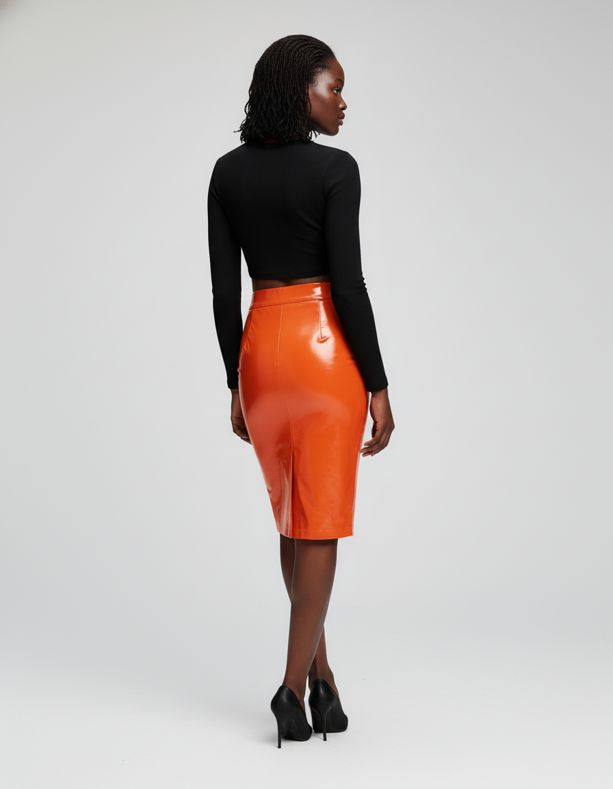 Jupe Crayon Orange Vernie Similicuir Élégante