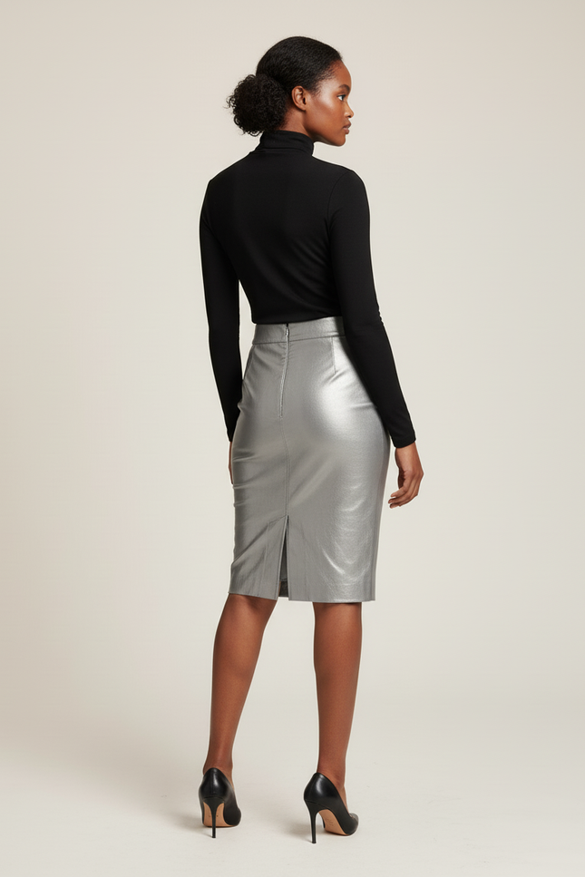 Jupe Crayon Argentée Brillante Élégante