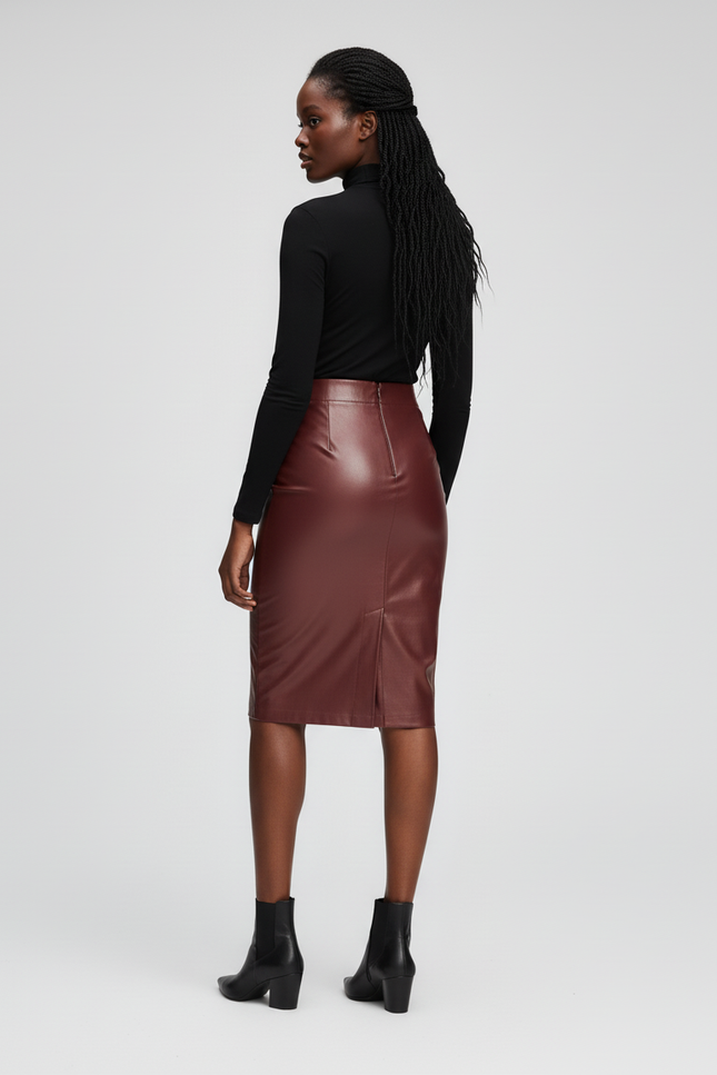 Jupe Crayon Bordeaux Simili Cuir Élégante