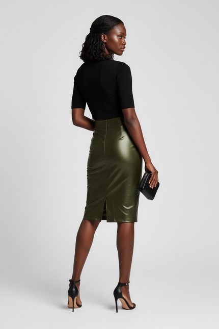 Jupe Crayon Vert Olive Brillante Élégante
