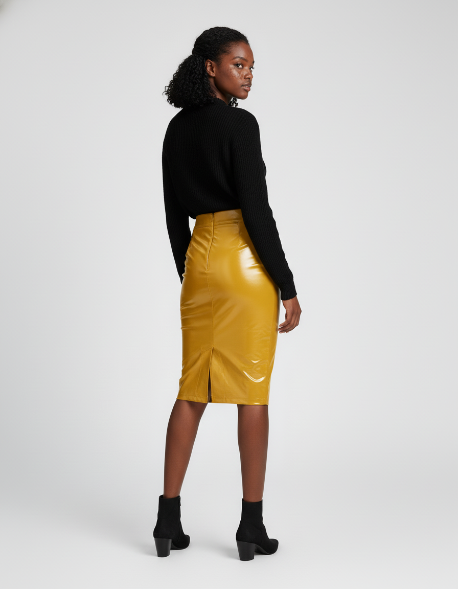 Jupe Crayon Similicuir Brillant Jaune Élégante