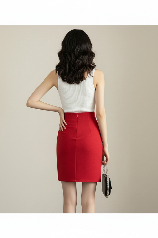 Jupe Crayon Rouge Froncée Élégante