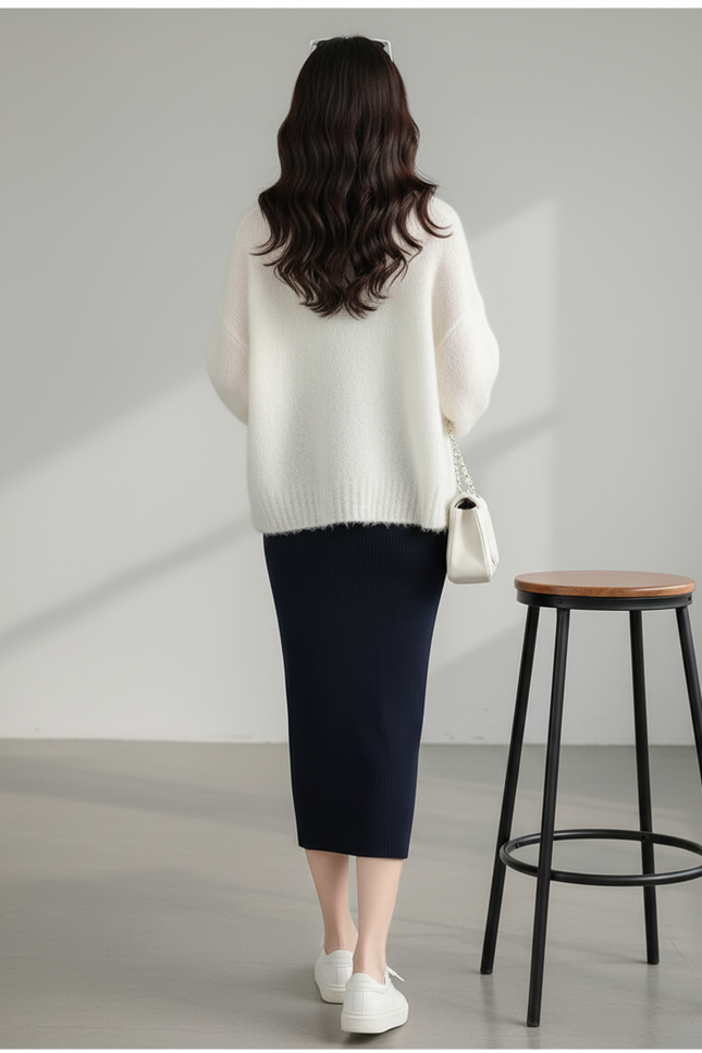 Jupe Crayon Bleu Marine Côtelée Chic