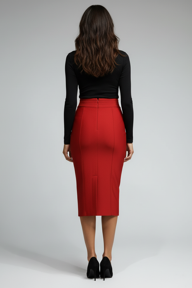 Jupe Crayon Rouge Boutonnée Chic