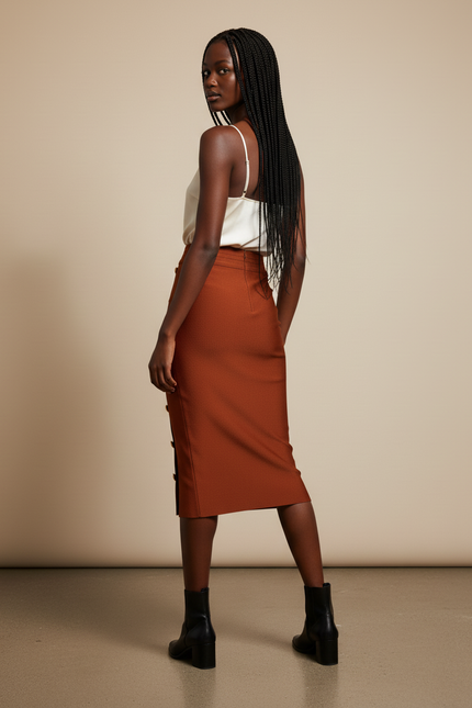 Jupe Crayon Terracotta Boutons Dorés Chic