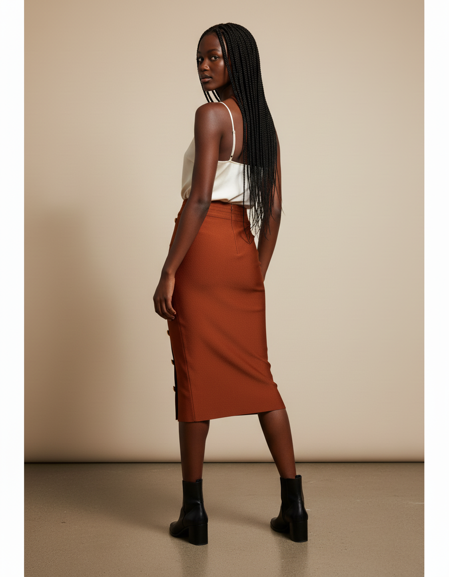 Jupe Crayon Terracotta Boutons Dorés Chic