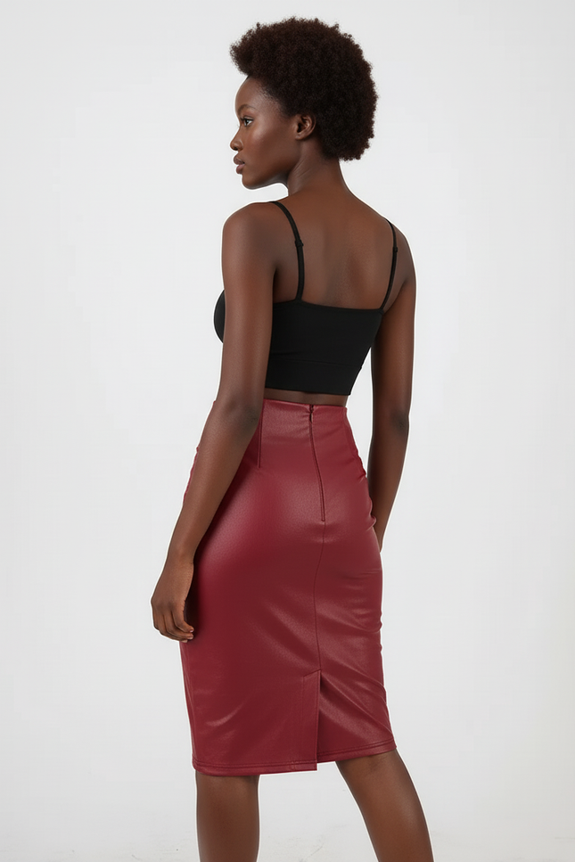 Jupe Crayon Similicuir Bordeaux Chic