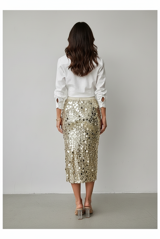 Jupe Crayon Dorée Paillettes Chic