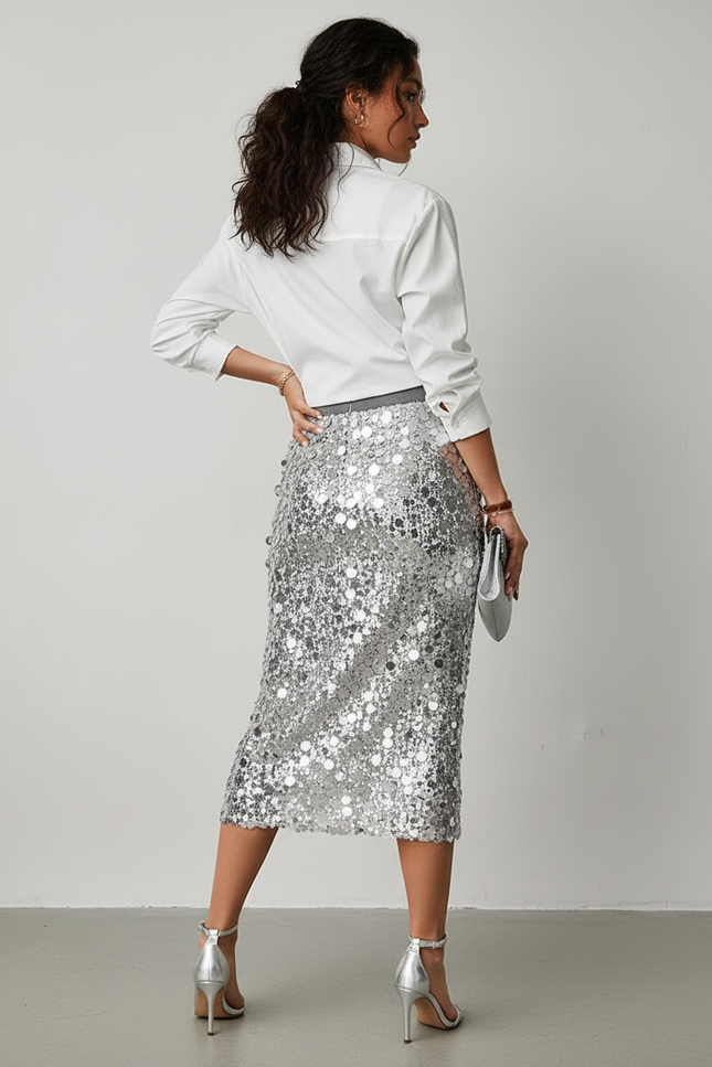 Jupe Crayon Argentée Paillettes Chic