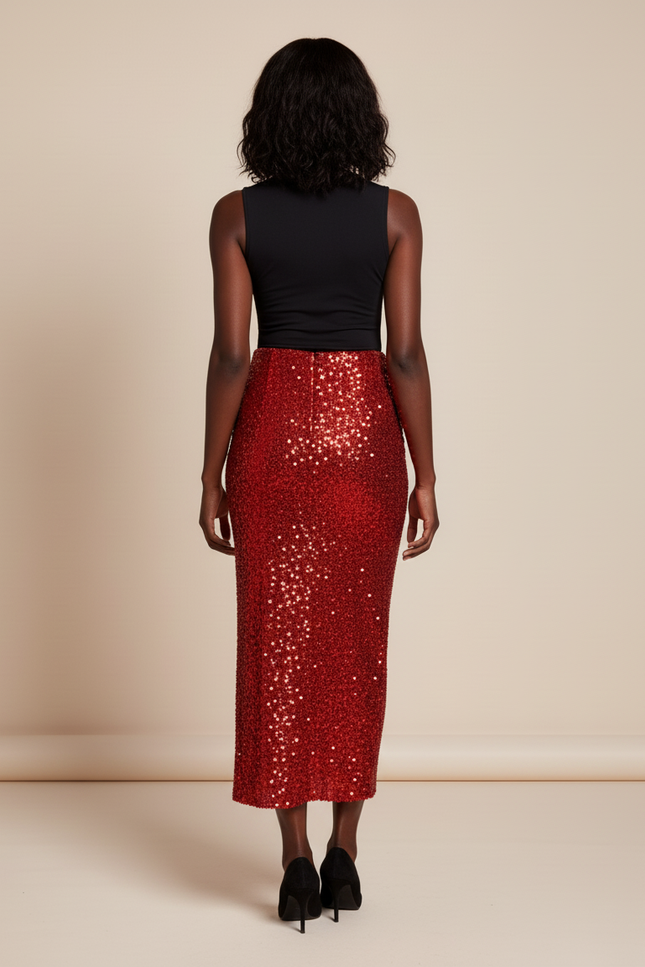 Jupe Crayon Rouge Paillettes Chic