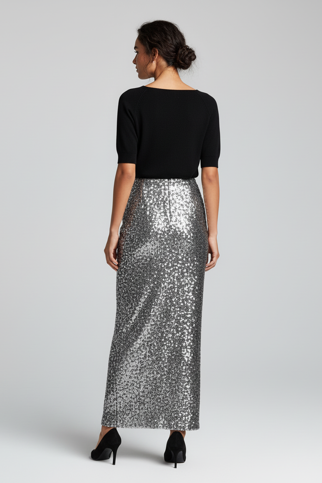 Jupe Crayon Paillettes Argentée Chic