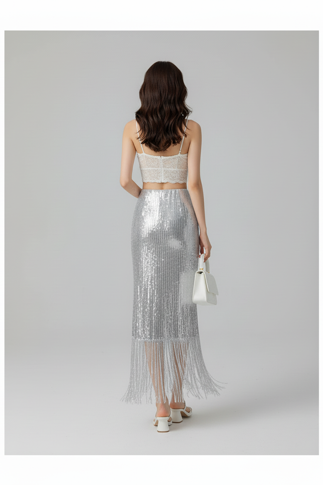 Jupe Crayon Pailletée Frangée Chic