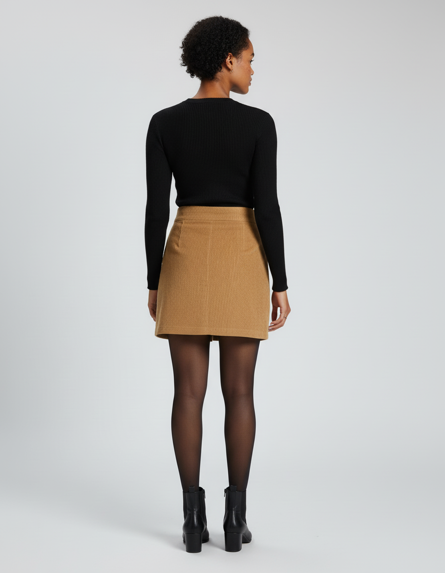 Jupe Crayon Marron Côtelée Décontractée