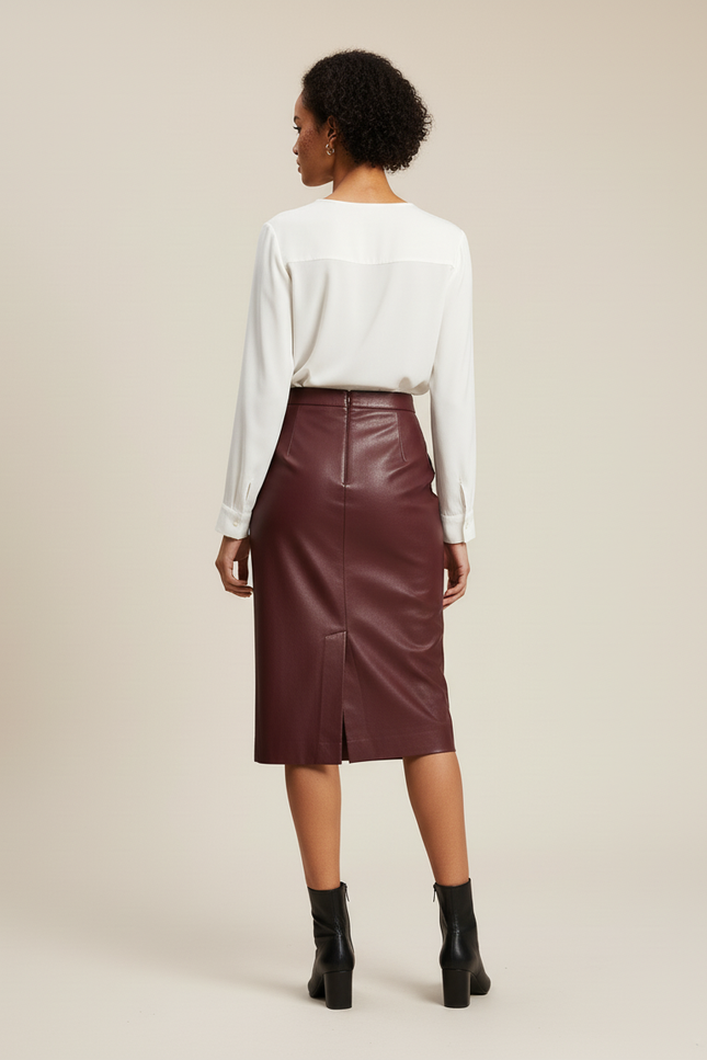 Jupe Crayon Bourgogne Cuir Chic