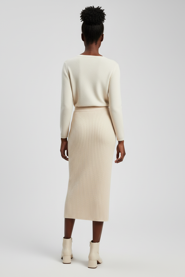 Jupe Crayon Crème Côtelée Élégante