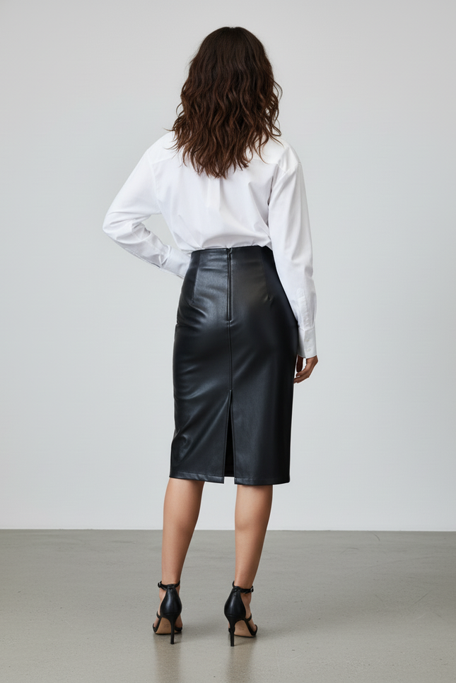 Jupe Crayon Simili Cuir Noire Fendue Chic