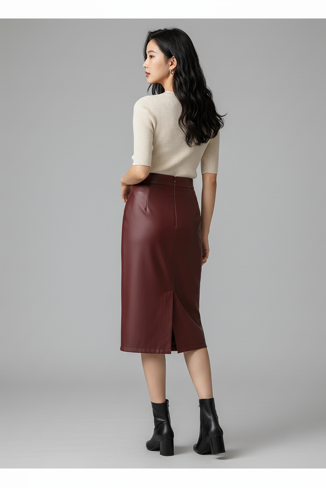 Jupe Crayon Bordeaux Similicuir Élégante