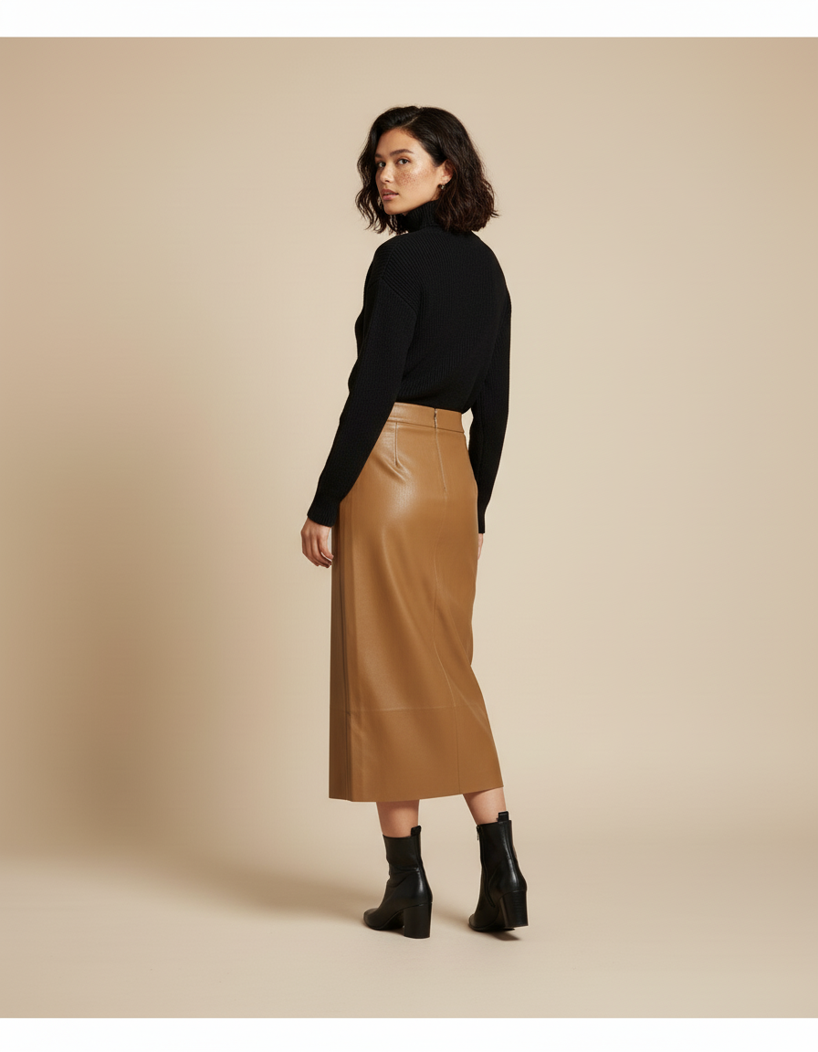 Jupe Crayon Cuir Fauve Chic