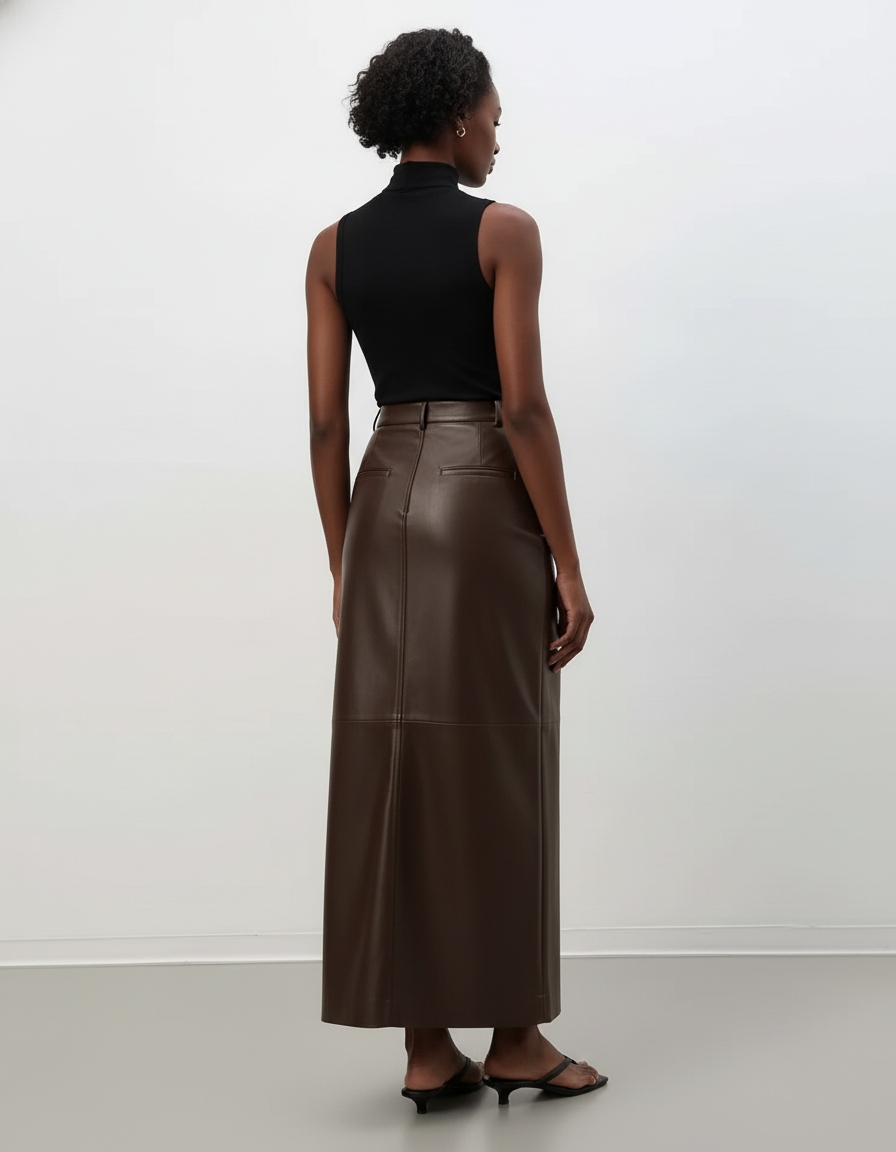 Jupe Crayon Marron Similicuir Élégante