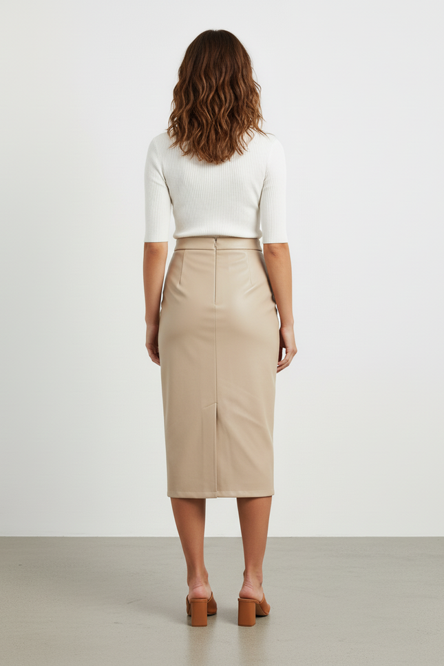 Jupe Crayon Beige Simili Cuir Élégante