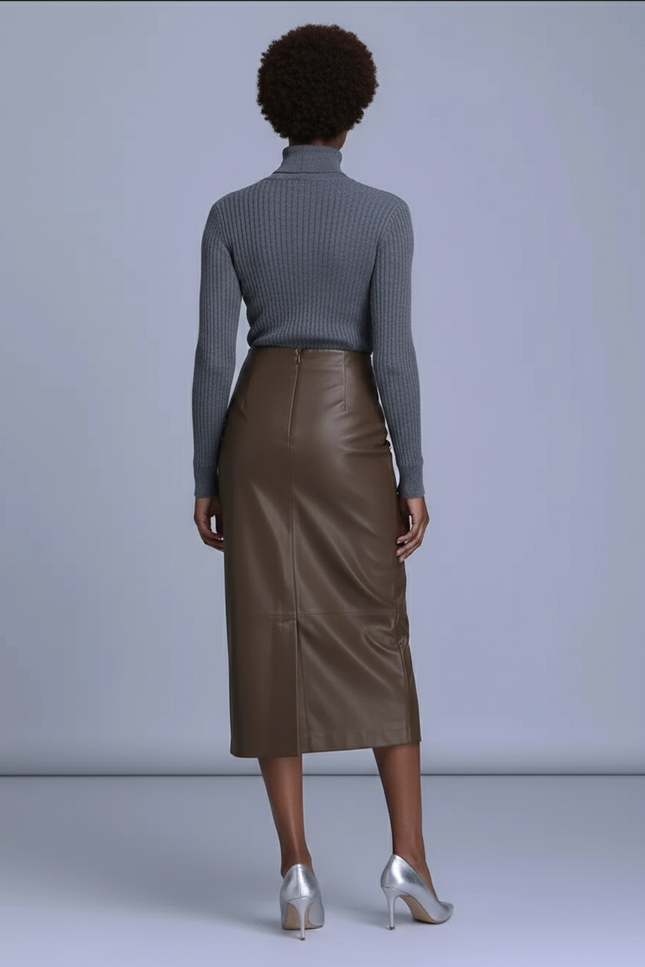 Jupe Crayon Marron Cuir Élégante