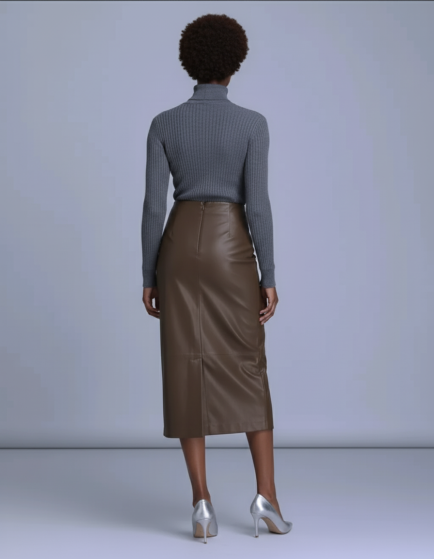 Jupe Crayon Marron Cuir Élégante