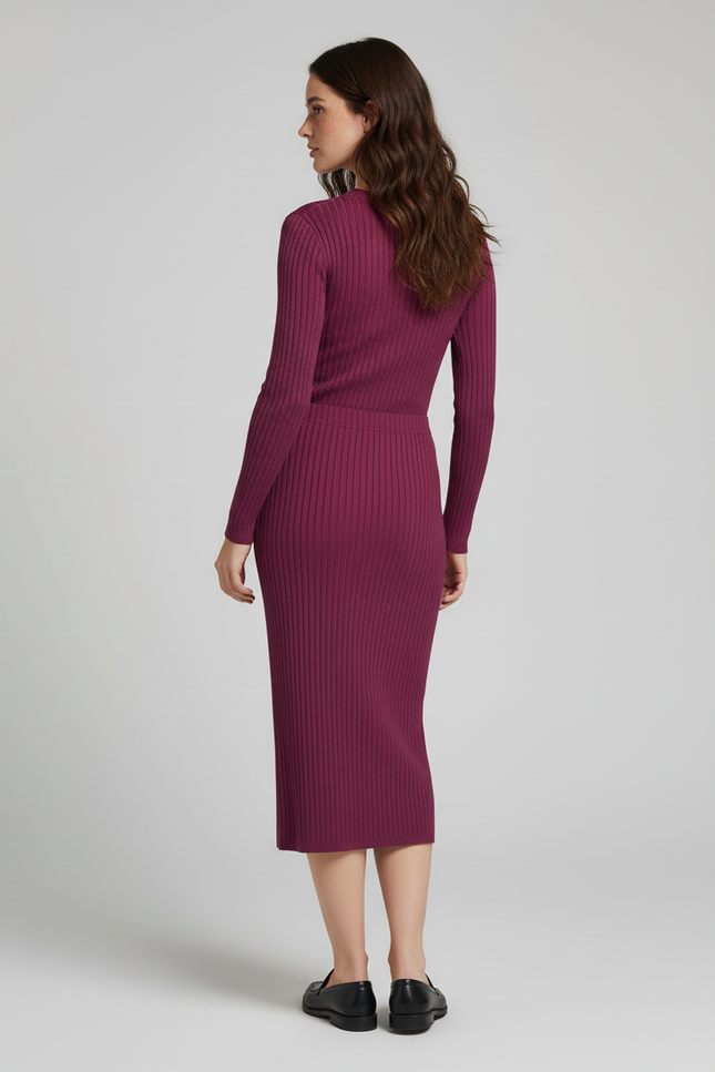 Jupe Crayon Bordeaux Maille Côtelée Élégante