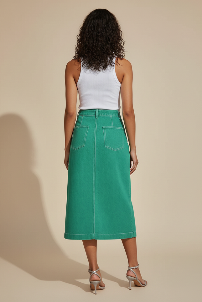 Jupe Crayon Verte Boutonnée Décontractée