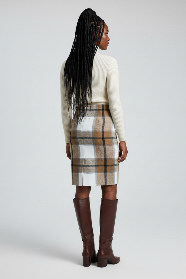 Jupe Crayon Plaid Beige Chic